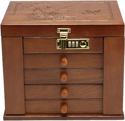 Produktbild von Schmuckkasten - Schmuckbox Aus Holz - 5 Ebenen - 4 Schubladen - Mit Schloss - Für Uhren Halsketten Ringe - Groß - Olivbraun