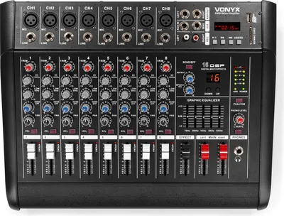 A Vonyx AM8A 8-channel mixer with DSP, BT, SD, USB, and MP3 capabilities is shown from a front-facing, slightly elevated angle.