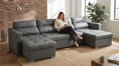 Produktbild von Ecksofa VARIUS BIG Boston – Universal, Kunstleder in Grau, Family Meble, KI-generiertes Bild