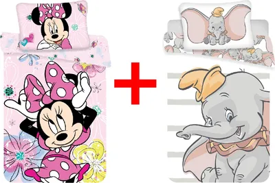Produktbild von Disney 2er-Set Bettwäsche Set mit Minnie Maus und Dumbo 100 x 135 Bettdecke + 40 x 60 cm Kopfkissen, 100% Baumwolle für Babys, Kinder, GESCHENK-SET