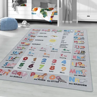 Produktbild von Kinderteppich, Alphabet – Buchstaben – Zahlen – Tiermotive, Grau, Kinderzimmerteppich, Latex-Rückseite 140 x 200 cm