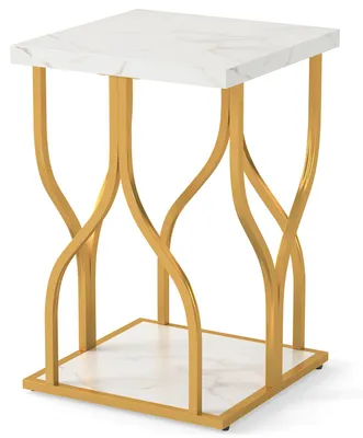 Produktbild von KOMFOTTEU 2-stufiger Beistelltisch, quadratischer Sofatisch mit Marmor-Optik Tischplatte & goldfarbenem Metallgestell, Couchtisch, Kaffeetisch für Wohnzimmer & Schlafzimmer, 39,5 x 39,5 x 59,5 cm