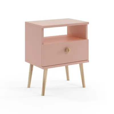 Produktbild von Nachttisch Altrosa mit Schublade Boho Skandi Holzbeine Nachtkommode 44 cm