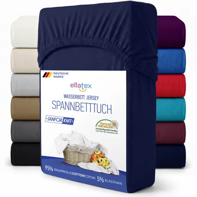 Produktbild von EllaTex Premium Spannbettlaken 200x220–220x240 Baumwolle-Elasthan 200 g/m² – Spannbetttuch 40 cm Steg, Boxspringbett & Wasserbett, Farbe: Dunkelblau