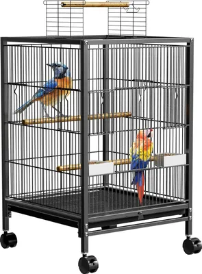Productafbeelding van QEENTOE Zwarte metalen vogelkooi met wielen en een open dak, 46x46x91 cm, ruime volière voor kanaries, parkieten en valkparkieten