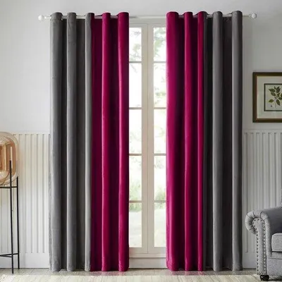 Produktbild von Unyqoos® Samt-Thermovorhänge mit Ösen – 2er-Set 132 x 145 cm, Grau & Bordeauxrot, 8 rostfreie Ösen, halbverdunkelnd (85% Lichtreduktion)