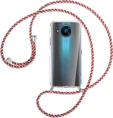 Produktbild von Handykette Backcover-Schutzhülle mit Band (Metall silberfarben) für Nokia 8.3 5G - weinrot/gelb/grau