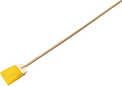 A broom with yellow bristles and a wooden handle, isolated on a white background.