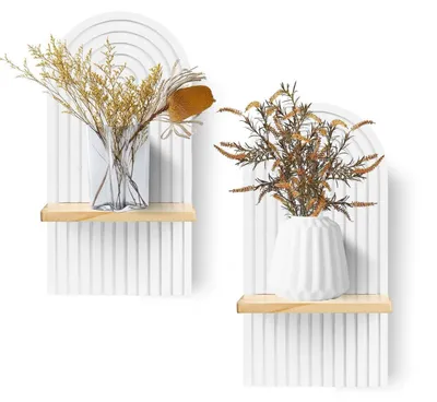 Immagine prodotto di Confezione da 2 mensole da parete in legno, stile boho, colore bianco, dimensioni 34,5 x 18 x 12 cm