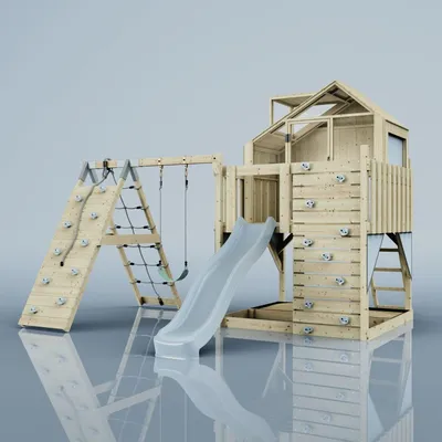 Produktbild von OutdoorToys Outdoor Spielturm mit Wellenrutsche, Spielhaus aus Holz mit Kletterwand, Kletternetz, Ausführung: Kinderschaukel, Farbe: Eisblau, mit Kinderschaukel
