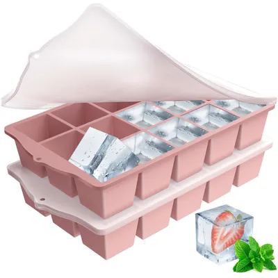 Immagine prodotto di Stampo in silicone per cubetti di ghiaccio con coperchio, senza BPA, impilabile, confezione da 2 pezzi, colore rosa