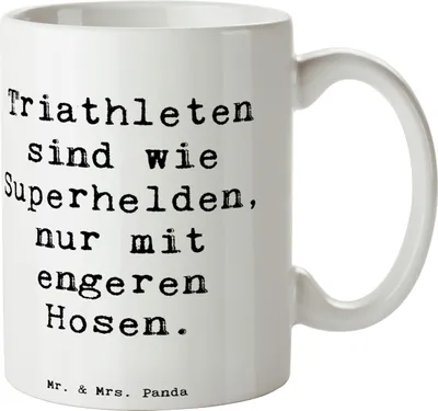 Produktbild von Mr. & Mrs. Panda Tasse Spruch Triathlon Superheld - Weiß - Geschenk, Sportler Geschenke, mentale Stärke, Kaffeebecher, Keramiktasse, Laufen, Schwimmen, Radfahren, mit