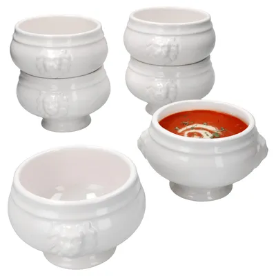 Produktbild von 6x LEO Löwenkopf-Terrinen 450ml weiß 6 Personen Suppen-Tasse Schale Steingut