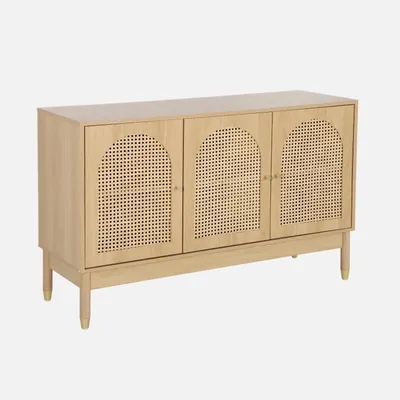 Produktbild von sweeek - Sideboard Holzdekor und Rattan-Geflecht 3 Türen 120 cm - Natur