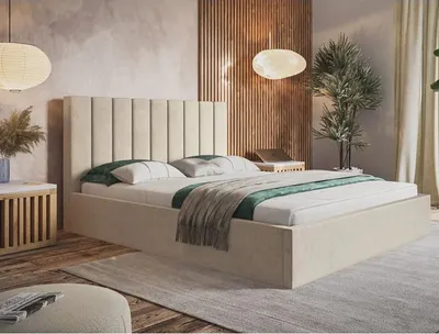Produktbild von Polsterbett SIM 9 mit Kopfteil, 180x200 cm, Doppelbett mit Bettkasten und Lattenrost aus Holz, Velourstoff, Farbe: Beige