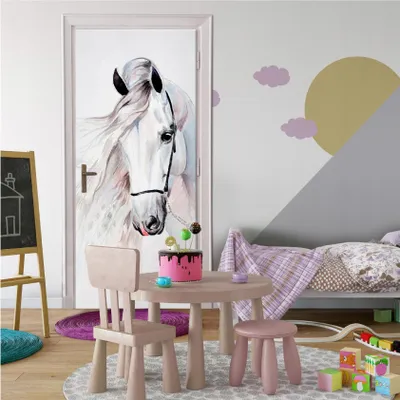 Obrázek produktu pro Tapeta na dveře do dětského pokoje koně - 91x211 cm jednodílná - netkaná textilie plakát na dveře včetně vložení fototapety na zeď na dveře samolepka na dveře dětská fólie tapeta odolná proti UV záření připravená k zavěšení