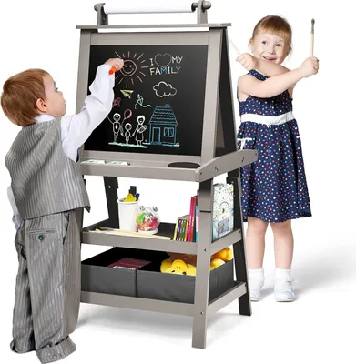 Produktbild von GOPLUS 3 in 1 Standtafel für Kinder, Magnetisches Whiteboard & Kreidetafel, Doppelseitiger Staffelei mit Aufbewahrungsbox, Maltafel, Schreibtafel, Kindertafel Ink. Malpapier und Magneten