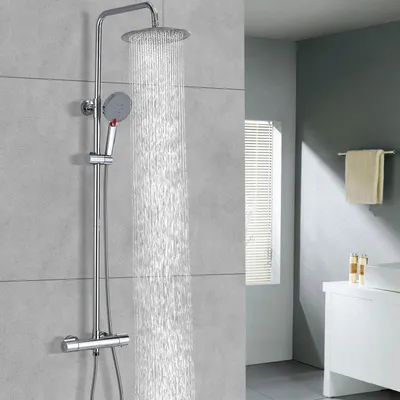 Produktbild von Duschsystem mit Thermostat, 25cm Regendusche, 3 Strahlarten Handbrause, Höhenverstellbare Duschstange, Chrom