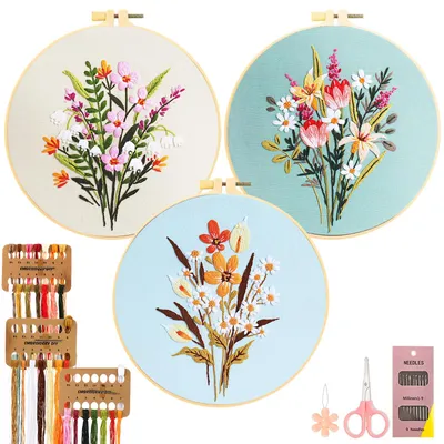 Stickerei-Set für Anfänger, 3 Blumenmotive, Kreuzstich, mit Anleitung