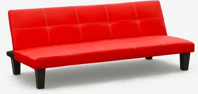A red sofa bed with black legs against a white background.