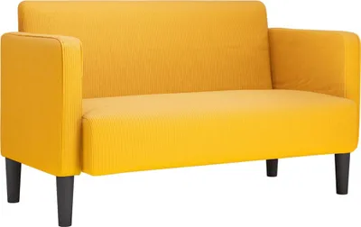 A bright yellow loveseat sofa with dark legs is shown against a white background.