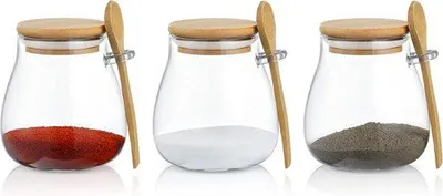Immagine prodotto di Contenitori in vetro ermetici - Set da 3 (350 ml) con coperchi in bambù per erbe aromatiche, zucchero, caffè e altro ancora