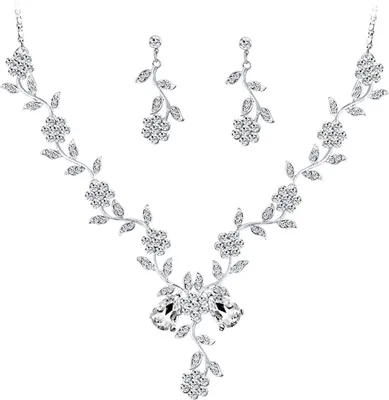 Produktbild von Halsketten-Ohrring-Set, Strass-Dekor, Blumenform, ausgehöhlt, verstellbare Hängeohrringe, hochwertiger Brautschmuck, Hochzeitsparty, Abschlussball, Halsketten-Ohrring-Set
