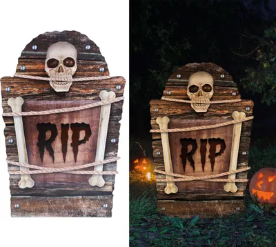 Produktbild von Halloween Grabstein Deko Skelett Grusel Friedhof Totenschädel Rip Schatten, Farbe: Grau