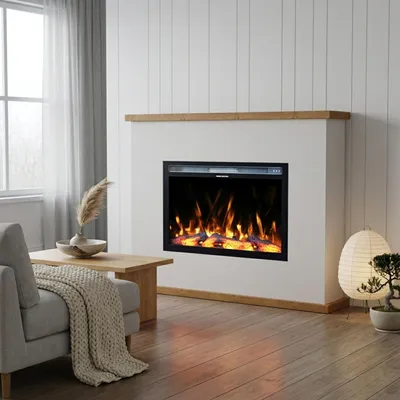 Produktbild von Garlivo Elektrokamin 'TORINO Weiss/ Eiche ' | LED Standkamin in weiss mit Heizung (1500 W) | HxBxT: 108x136x28cm