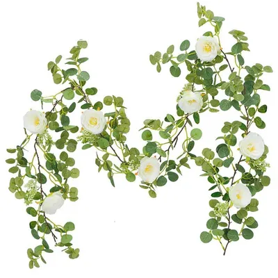 Productafbeelding van Kunstbloemengordijn, 2 meter lang, met zijdenrozen en groene bladeren, wit