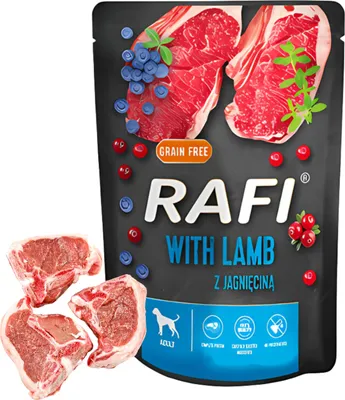 A bag of dog food with raw lamb chops next to it.