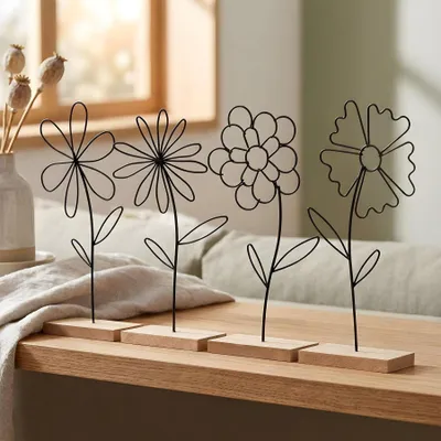 Produktbild von Blumen Deko Aufsteller 4er Set Metall Schwarz MDF Holzsockel Modern Tischdeko Frühling Wohnzimmer Dekoration Fensterbank Skulptur Kunstblumen Draht De