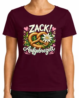 Produktbild von Zack Aufgebrezelt Brezel Edelweiss Trachtenshirt Lederhose Dirndl Damen T-Shirt, Burgundy, M