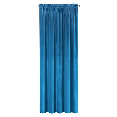 A single blue curtain hanging vertically against a white background.