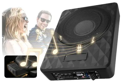 Obrázek produktu pro Autosubwoofer, jmenovitý výkon 800 W, maximální výkon 1000 W, kompaktní rozměry 28 × 20 × 7,5 cm, napětí 12 V, impedance 2,8 Ω