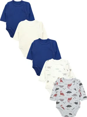 Produktbild von TupTam Baby Body Langarm – Wickelbody Langarm für Jungen & Mädchen, 5er Pack, 100% Baumwolle, , Farbe: Blau_Beige_Tiere_Dino, Größe: 68