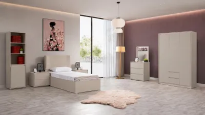 Immagine prodotto di Camera da letto per ragazzi color beige: letto, due comodini, armadio, cassettiera, libreria
