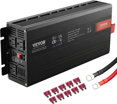 Productafbeelding van Sinusomvormer 3000 W, DC 12 V, AC 230 V, met LCD-display. Omvormer met 3 AC-stopcontacten, 2 USB-poorten, 1 Type-C poort en 10 reservezekeringen, geschikt voor grotere huishoudelijke apparaten