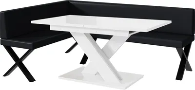 Produktbild von MEBLINI Eckbank für Esszimmer mit ausziehbarem Tisch  - Küchenbank - Essecke - Sitzecke Küche - TONI - X-Beine 142x196x87cm Links - Schwarz Kunstleder/B Weiß Hochgl.
