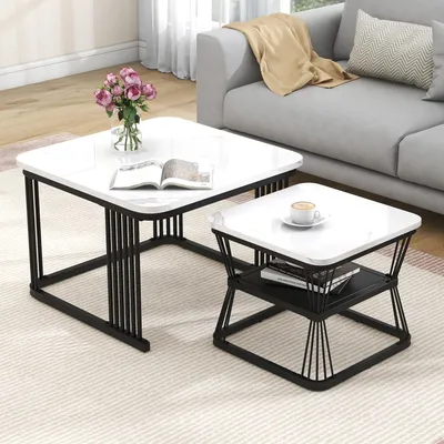 Image de OKWISH Tables D’Appoint Gigognes, Lot de 2 Rondes, Plateau en MDF Effet Marbre, Pieds en Acier, 65×65×45 cm & 45×45×39,5 cm - Blanc