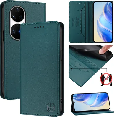 Produktbild von Lederhülle für Huawei P50 Pro Hülle Flip Brieftasche Kartenfächern Ständer Schutzhülle Dunkelgrün