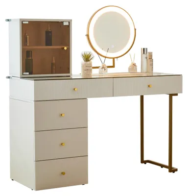 Produktbild von Schminktisch Set - Frisiertisch mit Spiegel - LED-Beleuchtung - Glasplatte - 5 Schubladen und Schränke - Ohne Hocker - 115×120×45 cm - Weiß