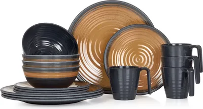 Produktbild von Melamin Camping Geschirr Set 4 Personen Stone Curry + 4 Tassen Stone Kaffetassen Becher Tafelgeschirr Picknick BBQ Kochgeschirr