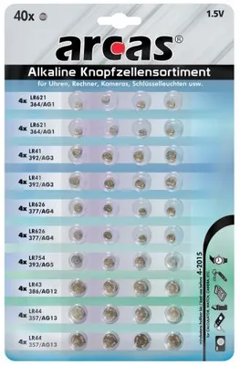 Produktbild von ARCAS 12794000 Sada knoflíkových baterií (8x alkalické baterie AG1/AG3/AG4/AG13, 4x AG5/AG12, blistr po 40 kusech)