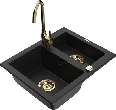 Produktbild von Mexen Carlos 1,5-Becken-Granitspüle mit Mischbatterie Telma, Schwarz - 6518-77-670200-50