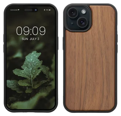Produktbild von kwmobile Hülle kompatibel mit iPhone 15 Hülle - Holz Case - stoßfestes Handy Cover - TPU Handyhülle in Vintage Braun Braun