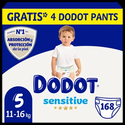 Produktbild von Dodot Bebé Sensitive Windeln, Größe 5, 11-16 kg, 168 Windeln und 4 Hose, Geschenk, optimaler Hautschutz, deDodot, Monatspack – Größe Talla 5