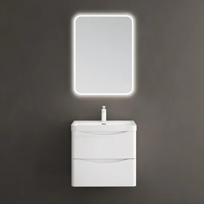 Image de doporro Meuble de Salle de Bain Suspendus Blanc 60x42x50cm Ensemble de 3 Pièces Meuble avec Lavabo et Miroir Design Smile-Lackier