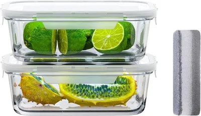 Produktbild von Famanu Glasbehälter 680 ml - 2 Stück mit Klickverschluss, auslaufsicher, wiederverwendbar, mikrowellen- und ofenfest