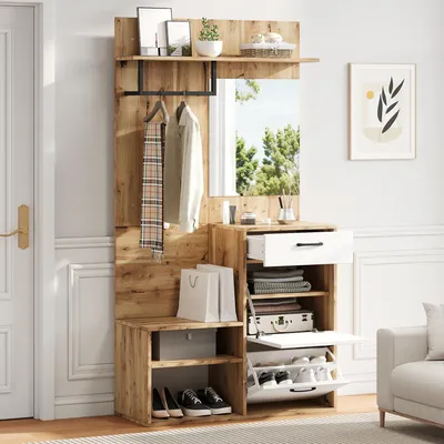 Zdjęcie produktu dla Sweiko 100x38.5x190cm Zestaw szafa z lustrem, ławka na buty, szafka na buty, szafka do przedpokoju, półka szafki ściennej, kompaktowa szafa, z 1 szufladą i 2 szafkami, dużo miejsca do przechowywania, biały + oryginalny kolor drewna